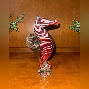 MURANO Vibrant Artistic Red and White Glass Seahorse Sculpture.